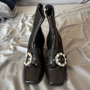 ALOHAS Black Ankle Boots with Crystal Buckle